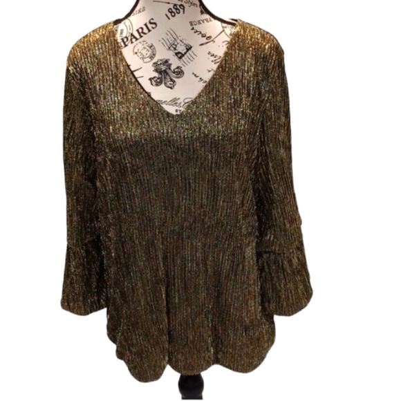 Alfani Tops - Alfani Women's Plus Size Metallic Gold/Black Balloon-Cuff Top Size 1X